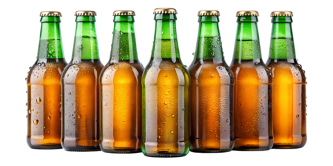 A row of seven green glass beer bottles with condensation against a black background in a studio shot on transparent background