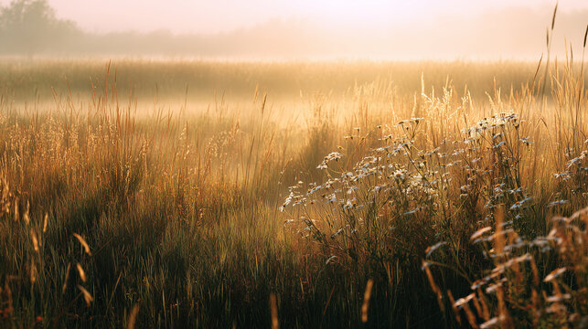 Golden morning light over a misty rewilded meadow with tall grasses and wildflowers. Wide serene rewilded meadow with tall grasses, native wildflowers, morning mist, soft golden sunlight.