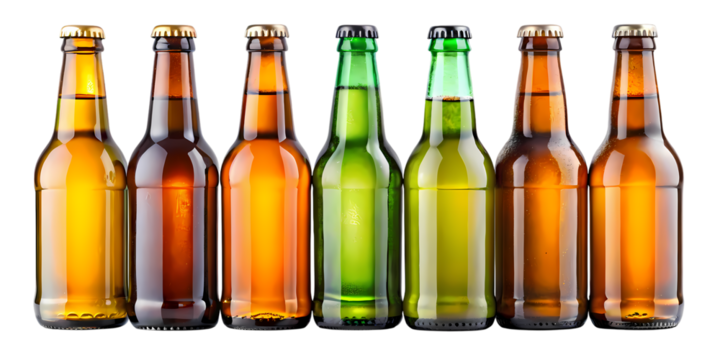 A row of six beer bottles with varying shades of brown and green against a black background studio shot on transparent background