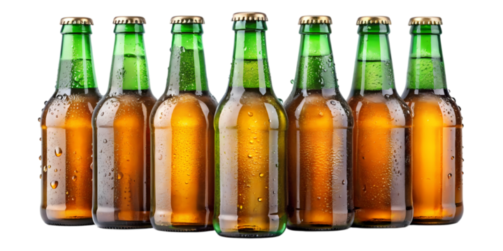 A row of seven green glass beer bottles with condensation against a black background in a studio shot on transparent background - Powered by Adobe