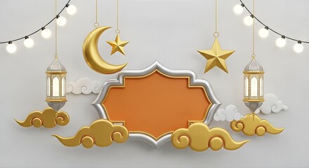 Ramadan and Eid Mubarak Celebration Banner with Lanterns, Crescent Moon, and Stars
