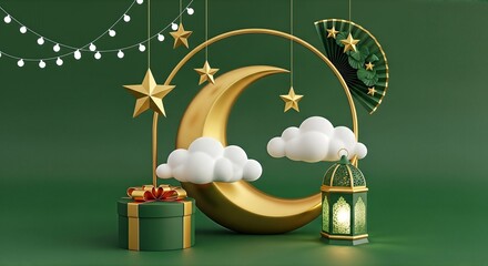 Festive Christmas Decor with Gold Crescent Moon, Gift Boxes, Lanterns, and Hanging Stars