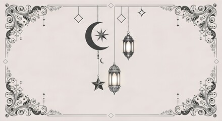 Elegant Islamic Geometric Pattern with Lanterns and Crescent Moon for Ramadan and Eid Celebrations
