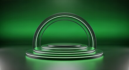 Modern Green Platform with Circular Stage and Arch, Futuristic Design for Technology and Event Backgrounds