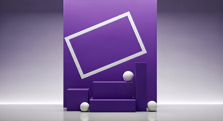 Modern abstract geometric design with floating purple frame and spheres, minimalist digital art for creative projects