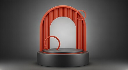Modern Orange Arch Display on Black Platform for Product Presentation or Art Showcase