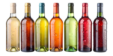 A row of colorful wine bottles with condensation on the glass against a black background studio shot on transparent background