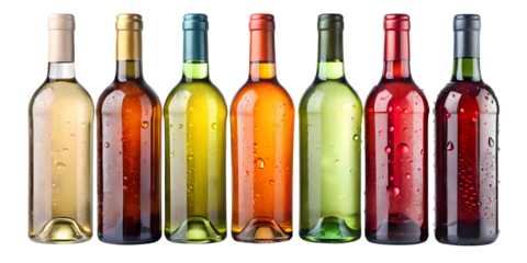 A row of colorful wine bottles with condensation on the glass against a black background studio shot on transparent background