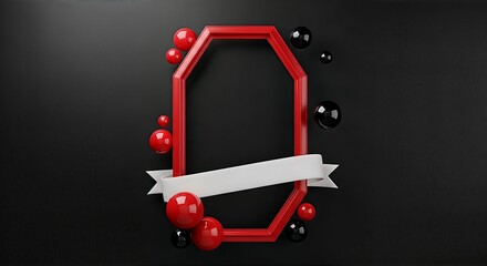 Modern Red Hexagon Frame with Circular Decorations and Ribbon on Black Background
