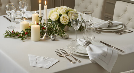 Luxurious white Christmas dinner table decor featuring shimmering silverware, soft candlelight, and delicate floral arrangements for a memorable holiday feast