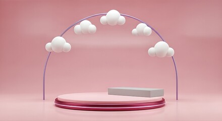 Cute Cloud Toy with Pink Platform and Pastel Background, Kids Bedroom Decor, Cloud Plushie Gift