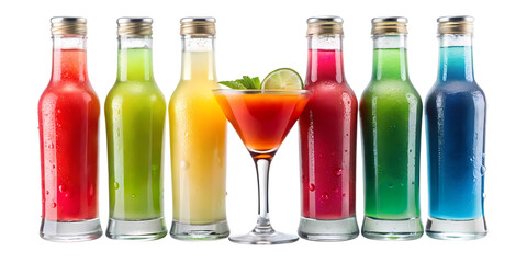 Assortment of colorful drinks in bottles and a martini glass with a lime wedge on a black background on transparent background