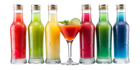 Assortment of colorful drinks in bottles and a martini glass with a lime wedge on a black background on transparent background