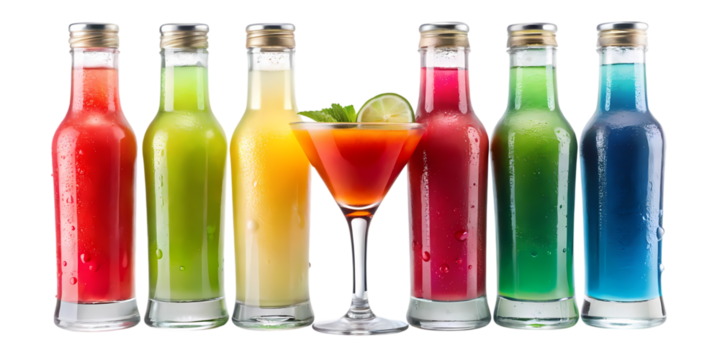 Assortment of colorful drinks in bottles and a martini glass with a lime wedge on a black background on transparent background - Powered by Adobe