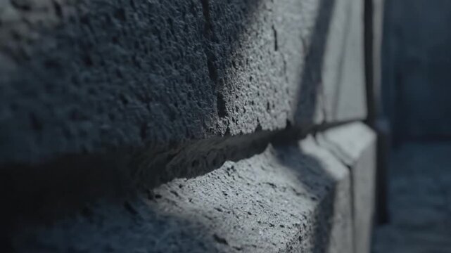 Closeup of rough grey stone wall texture with deep shadows and porous surface