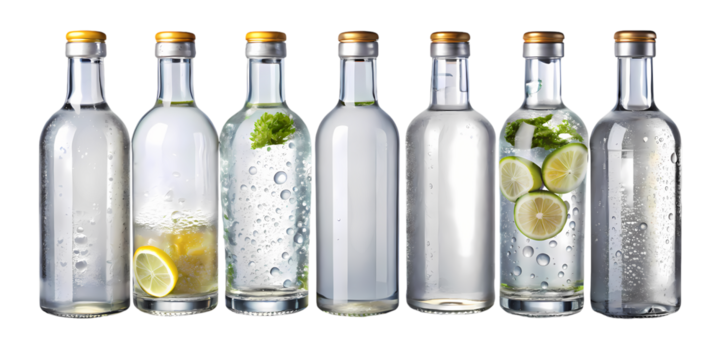 Arrangement of clear glass bottles with water and lemon and lime slices on a black background on transparent background