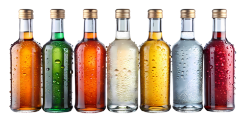 Assortment of colorful mini liquor bottles with water droplets on a black isolated background studio shot on transparent background