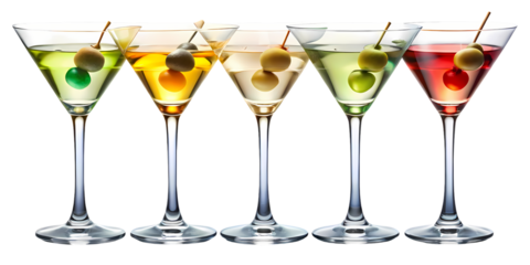 Five colorful martinis in glasses with olive garnish arranged side by side on a black background on transparent background