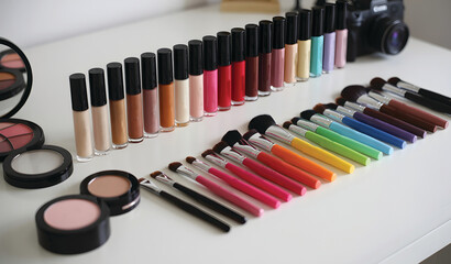 Flat Lay of Colorful Makeup Brushes and Lip Glosses on White Table