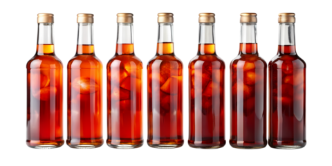 A row of six glass bottles filled with a dark amber liquid and fruit slices on a black background on transparent background