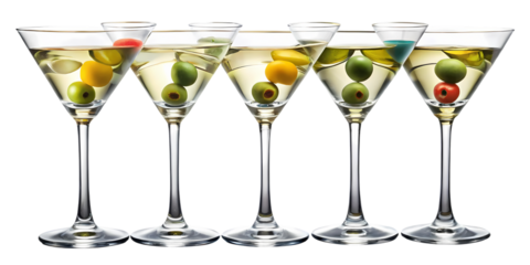 A row of five martini glasses filled with clear liquid and garnished with colorful olives against black on transparent background