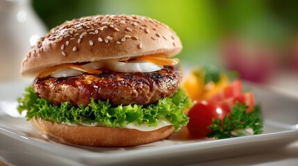 Close-up of a delicious gourmet burger with sesame seed bun fresh lettuce and vibrant toppings on a plate