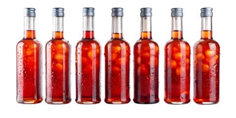 A row of six glass bottles filled with a red liquid and fruit against a black background in a studio shot on transparent background