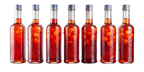 A row of seven glass bottles filled with a red liquid and fruit against a black background studio shot on transparent background