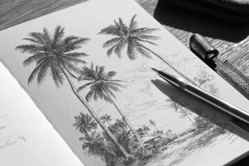 Looking up at tall Palm trees on a sunny day with blue sky and white clouds, tropical holiday concept, summer vacation, exotic travel in paradise