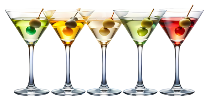 Five colorful martinis in glasses with olive garnish arranged side by side on a black background on transparent background - Powered by Adobe