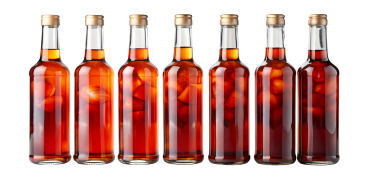 A row of six glass bottles filled with a dark amber liquid and fruit slices on a black background on transparent background