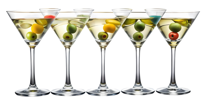 A row of five martini glasses filled with clear liquid and garnished with colorful olives against black on transparent background