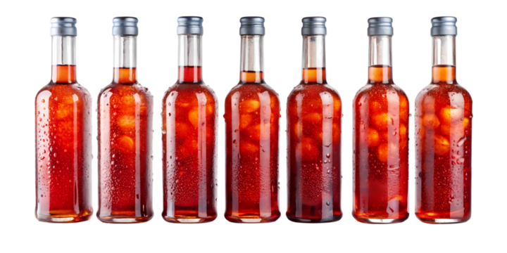 A row of seven glass bottles filled with a red liquid and fruit against a black background studio shot on transparent background