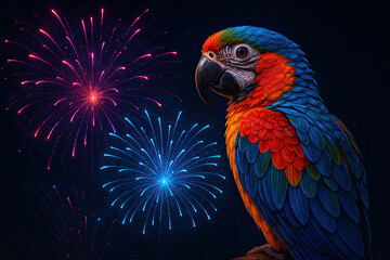 Colorful parrot with fireworks in festive night sky