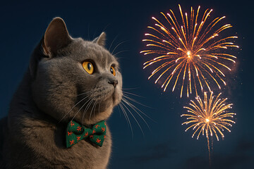 British shorthair cat with fireworks at night
