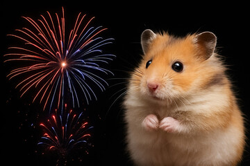 Cute hamster sitting with fireworks in the background