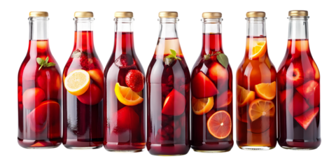Row of six glass bottles filled with red liquid and fruit slices on a black background studio shot on transparent background