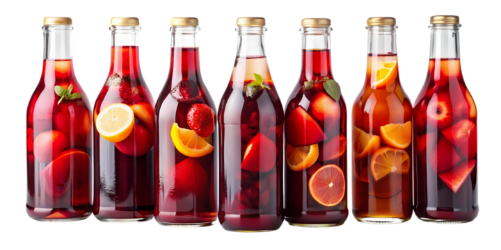 Row of six glass bottles filled with red liquid and fruit slices on a black background studio shot on transparent background