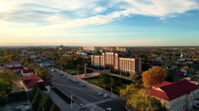 aerial drone view of Tiraspol city in Transnistria at sunset