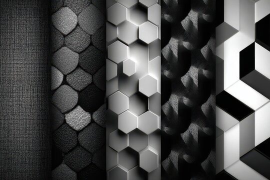 Monochrome collection showcases diverse textured materials, including perforated metal and dotted patterns for design resources