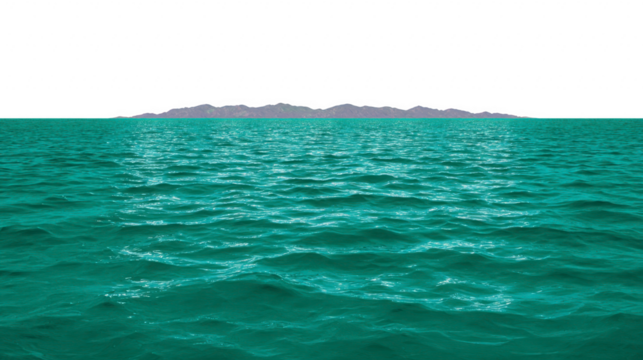 Turquoise ocean water gentle waves distant island calm sea peaceful horizon natural landscape outdoor daylight tranquil scene. serene turquoise water with gentle waves leads to distant island - Powered by Adobe