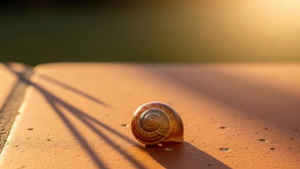 Snail shell resting on a terracotta surface with tree shadows during the golden hour. Snail shell resting after rain creates a small ecological haven for nature's creatures.