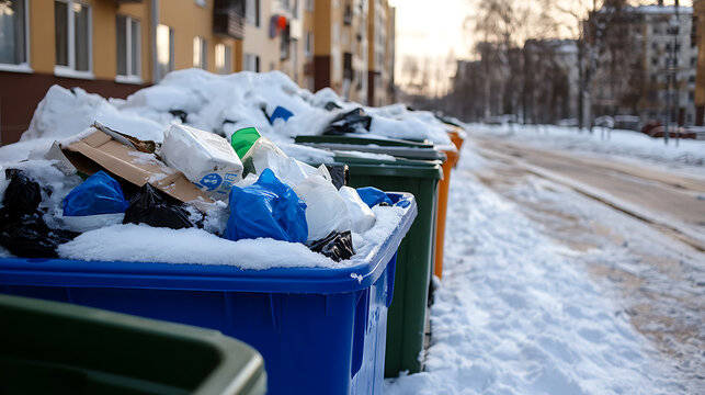 Winter's waste: Snow-covered trash bins overflow with discarded items on a cold street. The bins are lined up, contrasting against the snowy backdrop of buildings and trees.