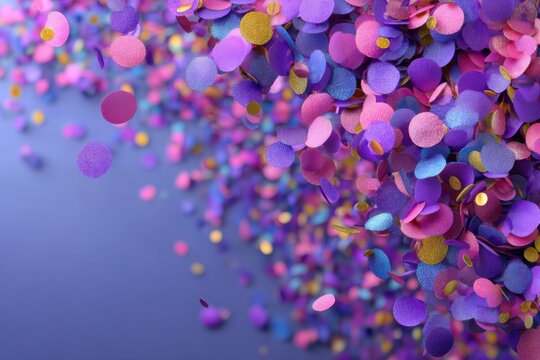 Falling multicolored confetti with golden sparkle on a soft purple background creates a festive atmosphere