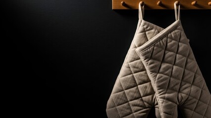 Oven mitts hanging on wooden rack against dark background. Oven mitts, practical kitchen utensils, provide protection against heat, essential tools for culinary tasks.