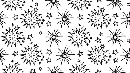 Very beautiful seamless pattern of playful hand-drawn doodle fireworks, featuring simple bursts, spark lines, festive stars, and looping shapes arranged in a clean repeating layout, perfect for textil