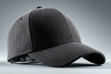 Close-up of gray denim baseball cap on dark background studio shot showcasing design and texture