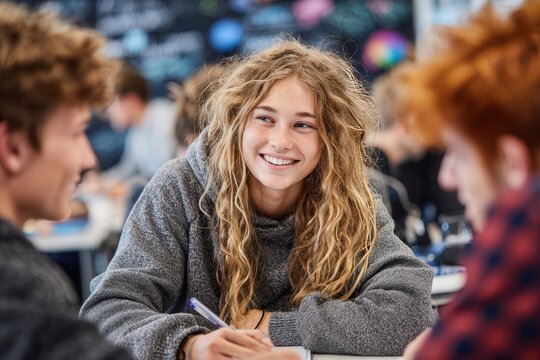 Group of students collaborating and studying together in bright classroom