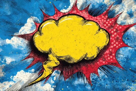 Yellow cloud shape with red burst on blue sky background resembling comic book art style illustration