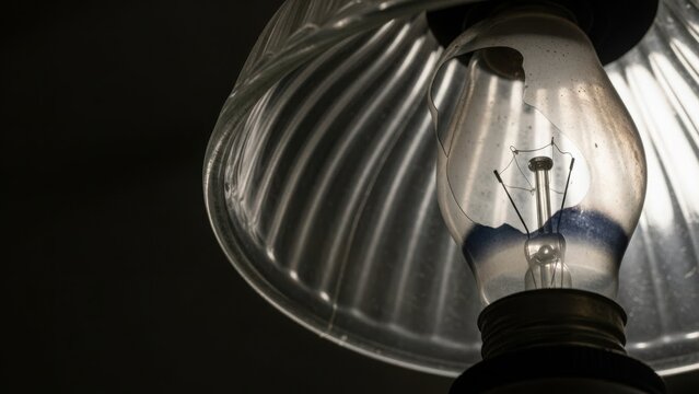 Antique lamp is illuminating with classic incandescent bulb and ornate glass shade. Glowing lamp offers vintage charm, with intricate details and warm light.